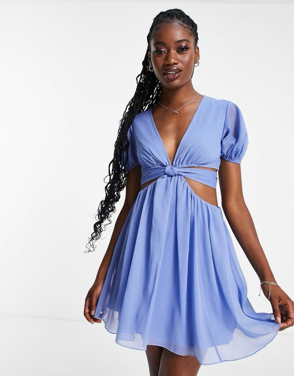 ASOS Design Blue Soft Tiered Mini Dress with Tie Waist Detail Size 2 Feminine